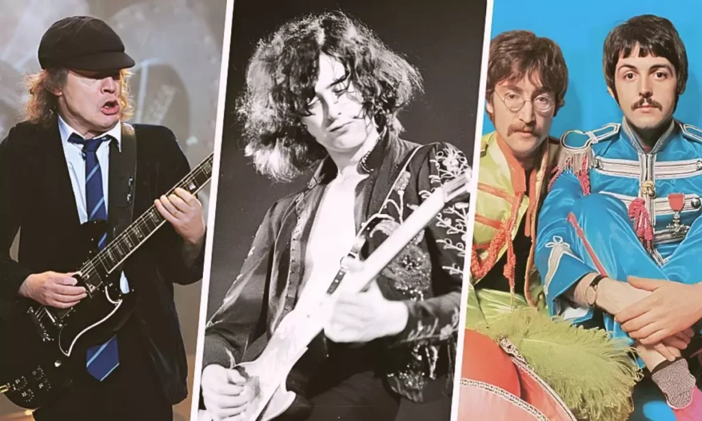 Angus Young, Jimmy Page e Beatles representando 10 álbuns de rock clássicos