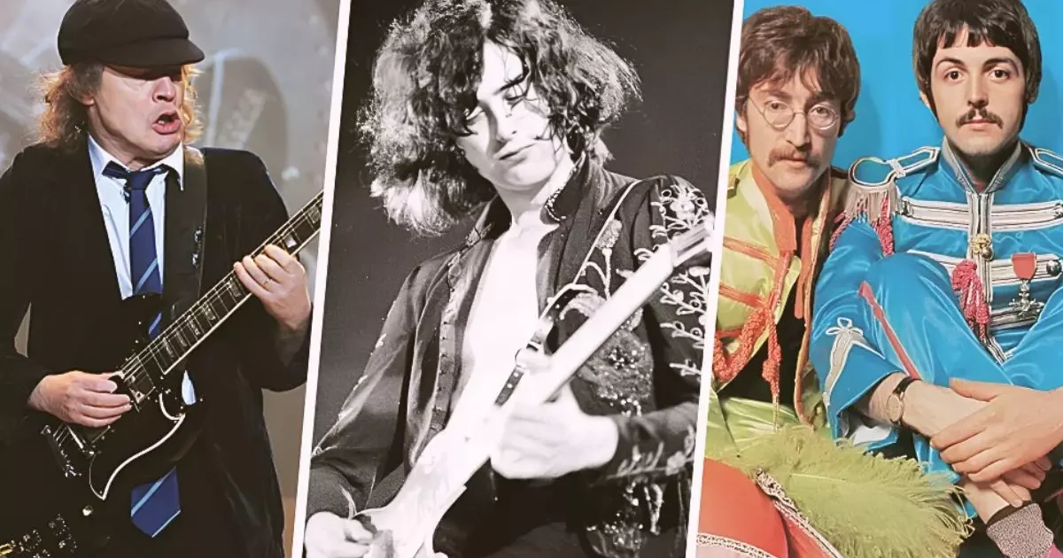 Angus Young, Jimmy Page e Beatles representando 10 álbuns de rock clássicos