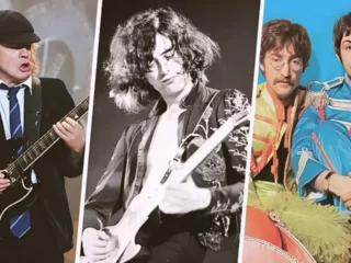 Angus Young, Jimmy Page e Beatles representando 10 álbuns de rock clássicos