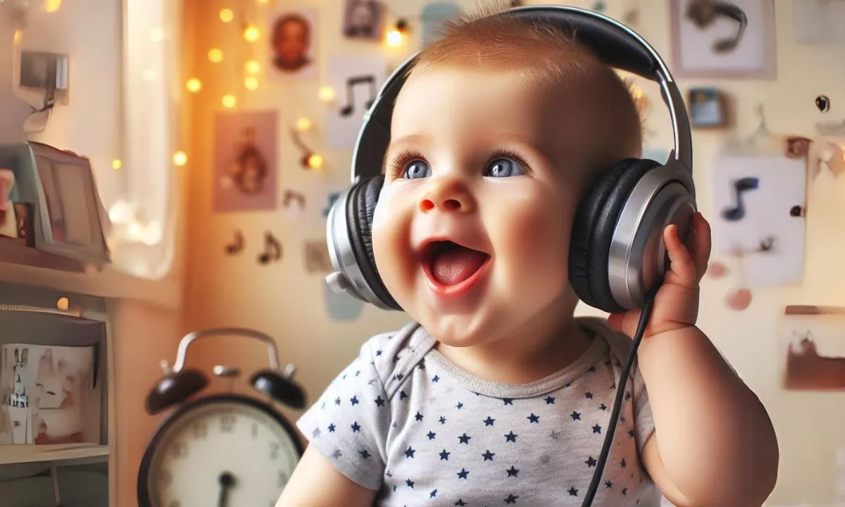 Um lindo bebe ouvindo as músicas mais tocadas no dia do seu nascimento